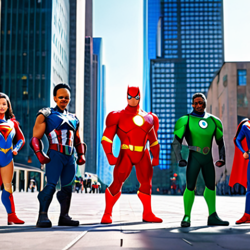 Home 11 **
A team of four diverse superheroes, the Mini Force, standing triumphantly in a brightly lit, futuristic city square, fully clothed in their signature colorful uniforms, appropriate attire, safe for work. Perfect anatomy, correct proportions, natural pose. Professional animation style, high quality. The scene is energetic and positive, reflecting teamwork and success. Family-friendly.
**