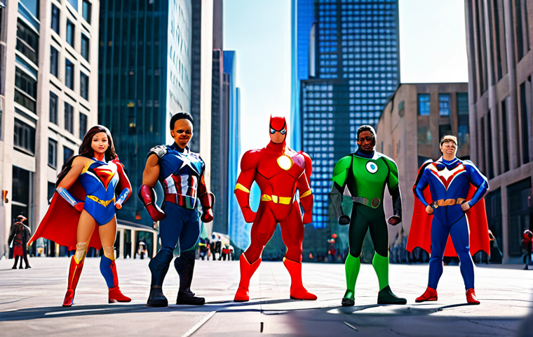 **

A team of four diverse superheroes, the Mini Force, standing triumphantly in a brightly lit, futuristic city square, fully clothed in their signature colorful uniforms, appropriate attire, safe for work. Perfect anatomy, correct proportions, natural pose. Professional animation style, high quality. The scene is energetic and positive, reflecting teamwork and success. Family-friendly.

**